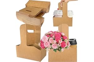 LAIAMER 50 Pack 2 Cup Drink Carrier with Handle 2 or 4 Cup Kraft Paperboard Drink Cup Carrier for Delivery Coffee Beverage Cup Holder Floral Wrap Packing Box Birthday Mother's Day Graduation Party Gift Decor