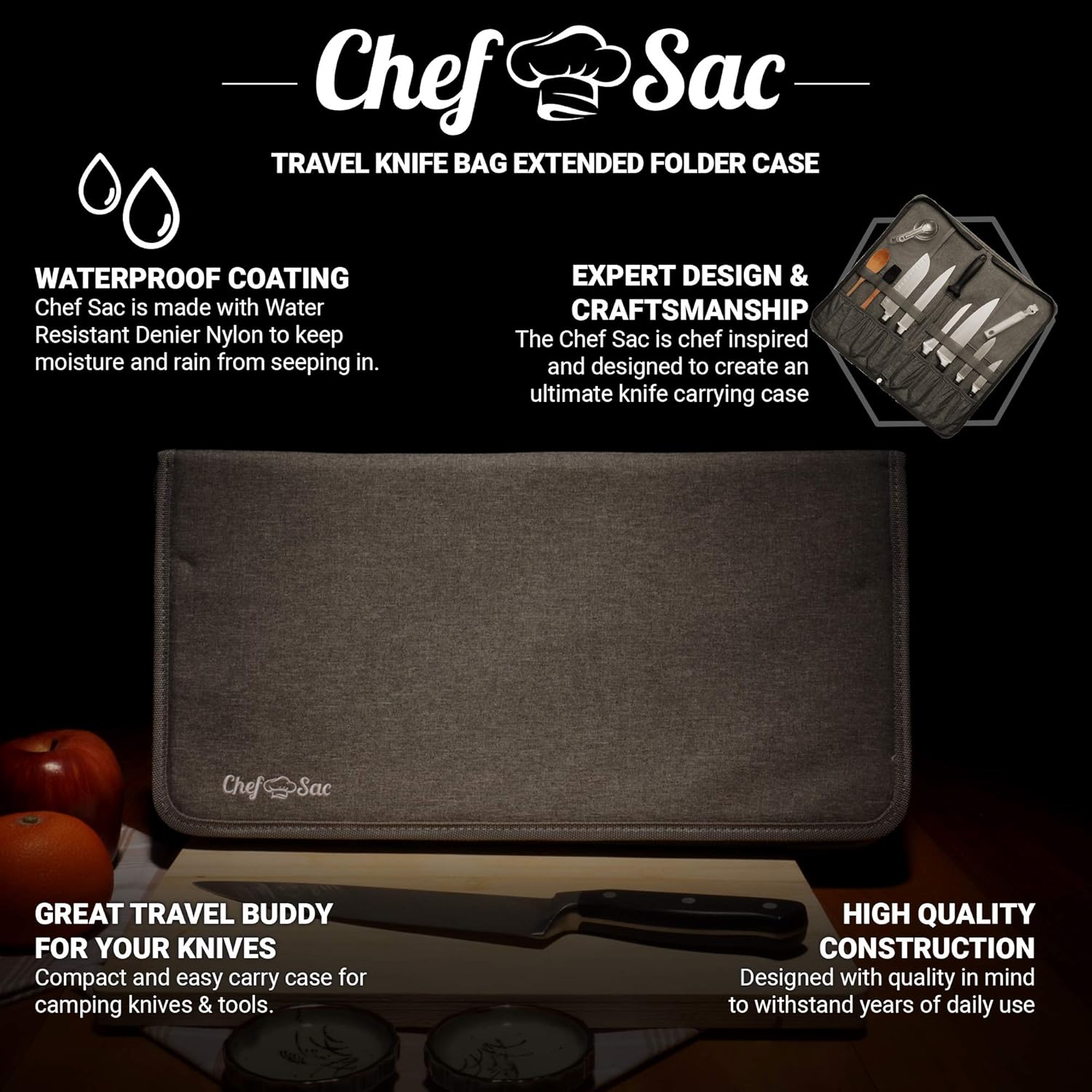 Chef Knife Bag Travel Folder Extended Knife Case | 8 Pockets for Knives, Kitchen Tools & Camp Accessories | Special Slot for Honing Rod | Durable Knife Holder for Chefs & Culinary Students (Grey): Kitchen & Dining