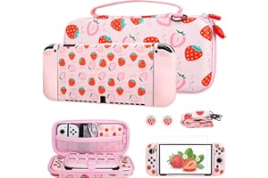 FUNDIARY Pink Strawberry Travel Carrying Case for Nintendo Switch OLED, Portable Accessories Kit with Shouckproof Storage Bag, Soft TPU Protective Case, Screen Protector, Shoulder Strap & 2 Thumb Caps