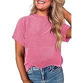 EVALESS Short Sleeve Shirts for Women Casual Spring Summer Tops Ribbed Knit Striped Womens Tops Crewneck Loose Fit T Shirts