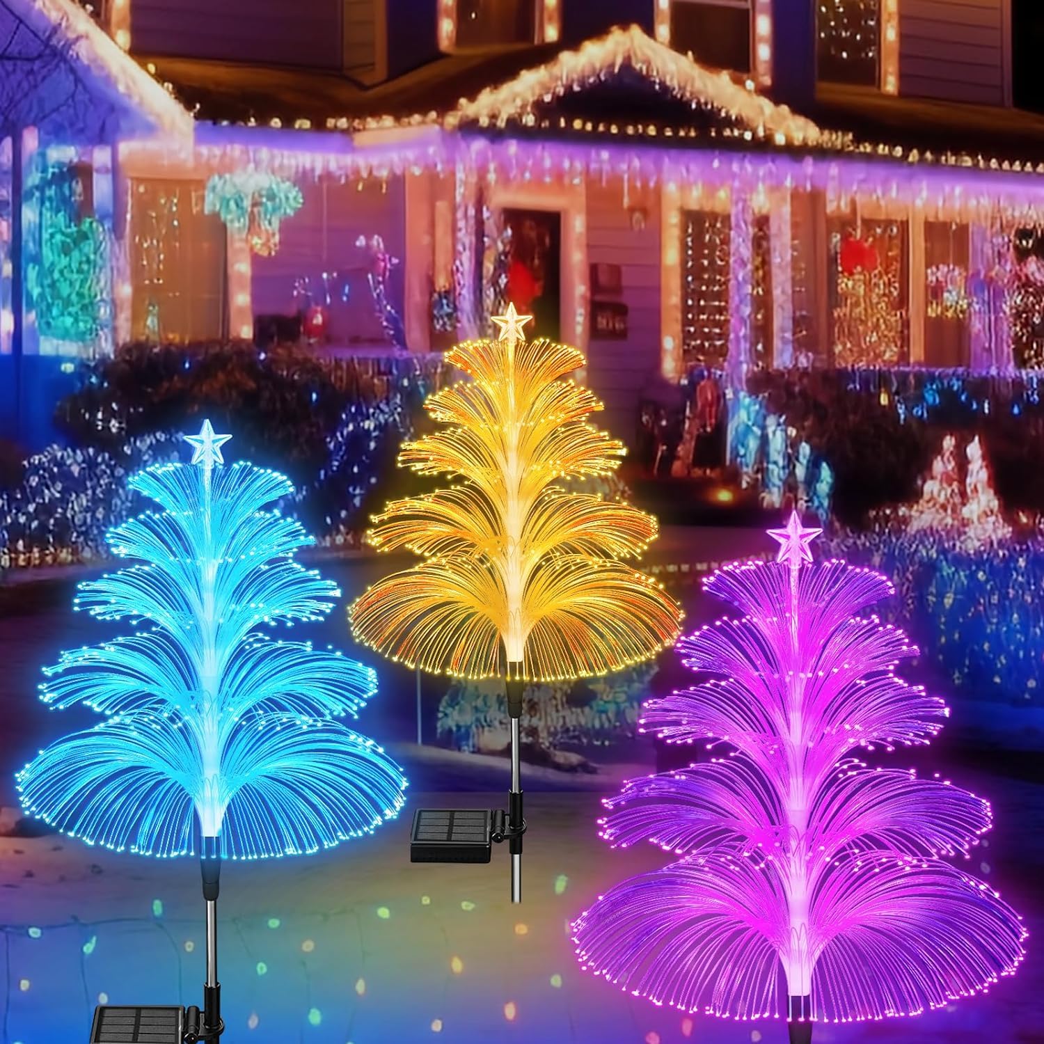 3PCS Solar Christmas Decorations - Outdoor Waterproof Solar Christmas Tree Jellyfish Lights - 5 Layer Optical Fiber - 7 Color Changing for Pathway, Lawn, Patio