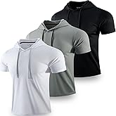3 Pack: Men's Lightweight Short Sleeve Workout Hoodies, Athletic Dry Fit Hooded T Shirts for Gym Running