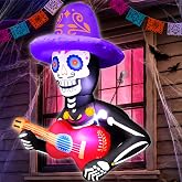 3.5 Ft Day of The Dead Inflatables Sugar Skull Broke Out from Window | Built-in LEDs Dia De Los Muertos Decorations Blow Up Skull Sombrero Guitar for Day of The Dead Decor Outdoor Yard Lawn Garden
