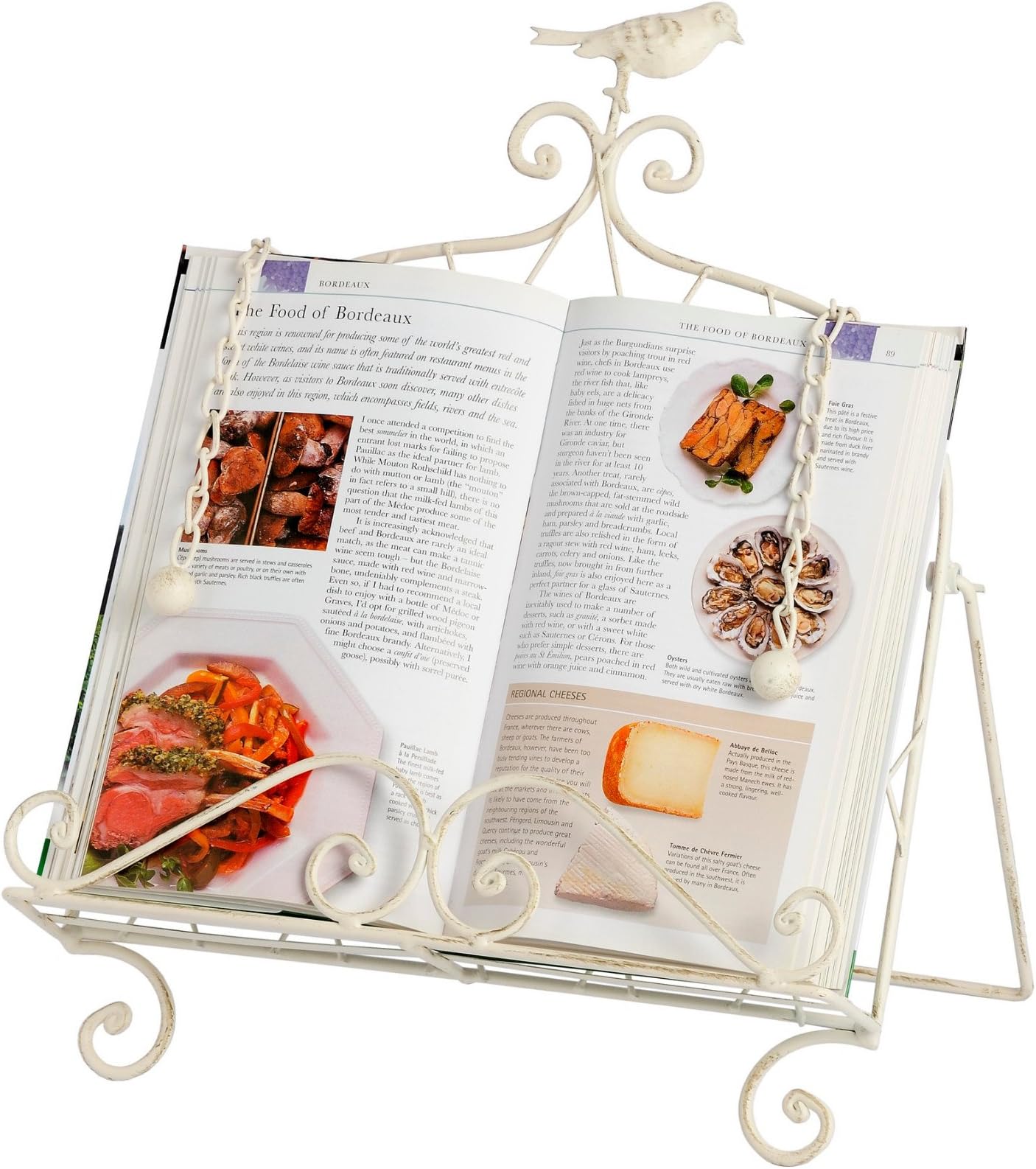 Antique Cream Metal Recipe Cookbook Cook Book Holder Stand with Little Bird