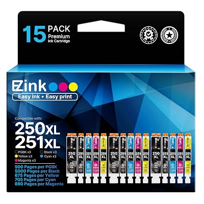 E-Z Ink Compatible Ink Cartridges Replacement for Canon 250 251 XL PGI-250XL CLI-251XL to use with PIXMA MX922 MX920 IX6820 MG5520 MG7520 IP8720 MG6620 MG6320 MG7120 (15 Pack)