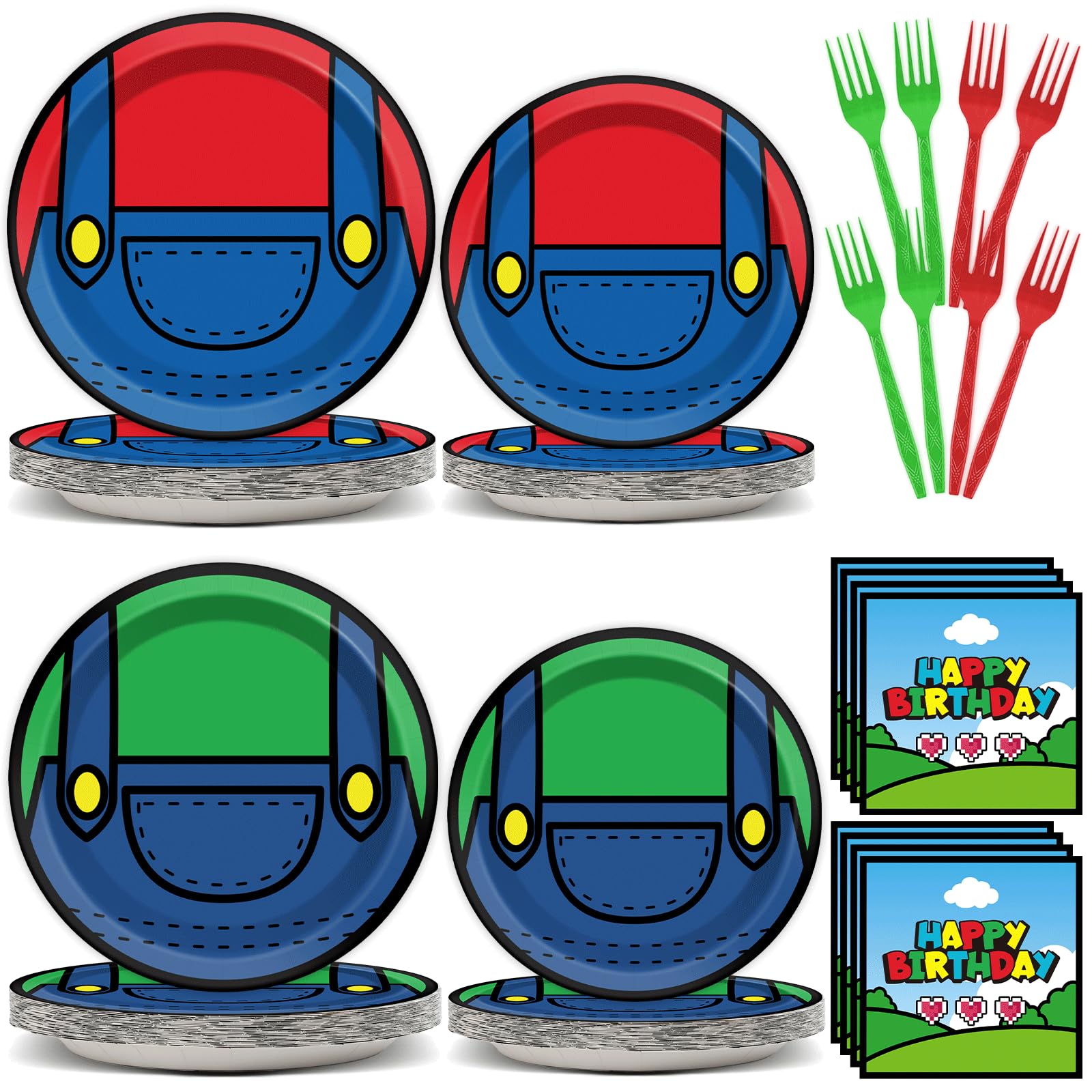Photo 1 of 200pcs Super Brother Birthday Party Supplies Super Brother Plates Disposable Paper Tableware Super Bro Plates Napkins with Fork Super Bro Decoration Super Video Games Tableware for Kids Baby Shower