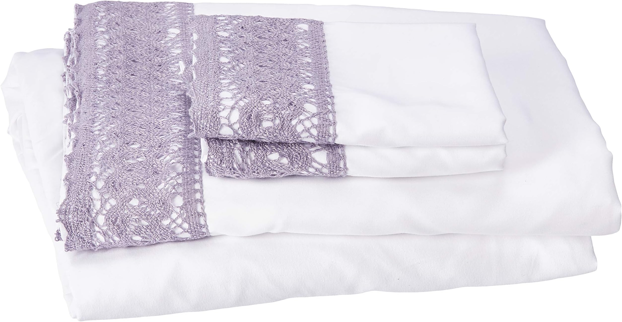 Amrapur Overseas 4-Piece Crochet Lace Microfiber Sheet Set, Queen, White/Lavender