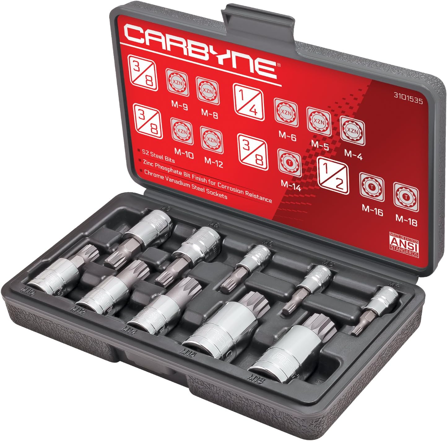CARBYNE 10 Piece XZN Triple Square Spline Bit Socket Set S2 Steel Bits