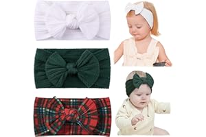 jollybows 3 PCS Baby Girls Headbands Soft Stretchy Nylon Hair Bows Handmade Bows for Baby Girls Infants Newborn Toddlers Kids - White, Dark Green, Christmas Red Grid
