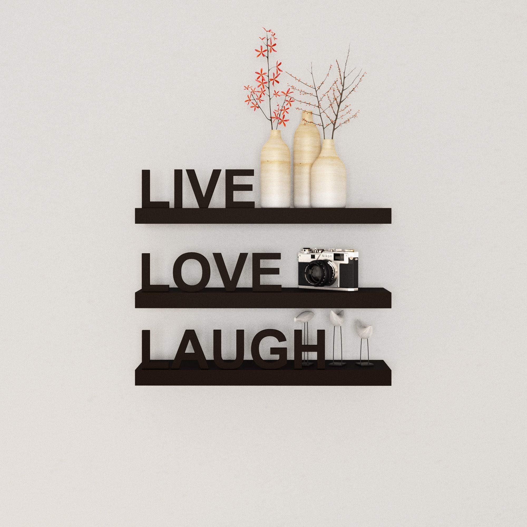 Kundi Floating Engineered Wood Wall Shelf with 3 Decorative Shelves Live Love Laugh (Black) (40 x 9 x 4 cm, Black)