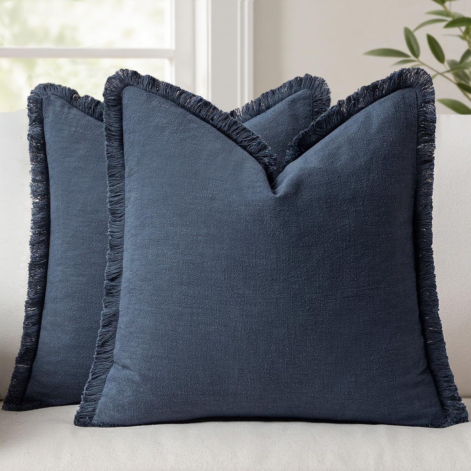 ANRODUO Set of 2 Decorative Throw Pillow Covers 24×24 Inch Soft Linen Fringe Farmhouse Boho Vintage Cushion Covers with Tassels Accent Pillowcase for Couch Sofa Bed Living Room Home Decor Navy Blue