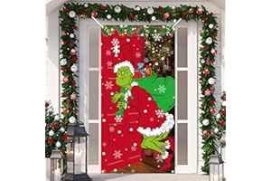 BANBBUR Christmas Door Cover,Grinchs Door Decoration,Whoville Decoration Christmas Backdrop for Front Door Decor Party Supplies 70.8x35.4Inch