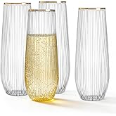 HOMIP 36pcs Plastic Champagne Flutes with Gold Rim - 9oz BPA-free Disposable Champagne Glasses, Ribbed Ripple Design for Weddings, Parties, Bars & Events (Stemless, Durable)