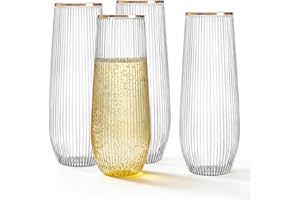 HOMIP 36pcs Plastic Champagne Flutes with Gold Rim - 9oz BPA-free Disposable Champagne Glasses, Ribbed Ripple Design for Weddings, Parties, Bars & Events (Stemless, Durable)
