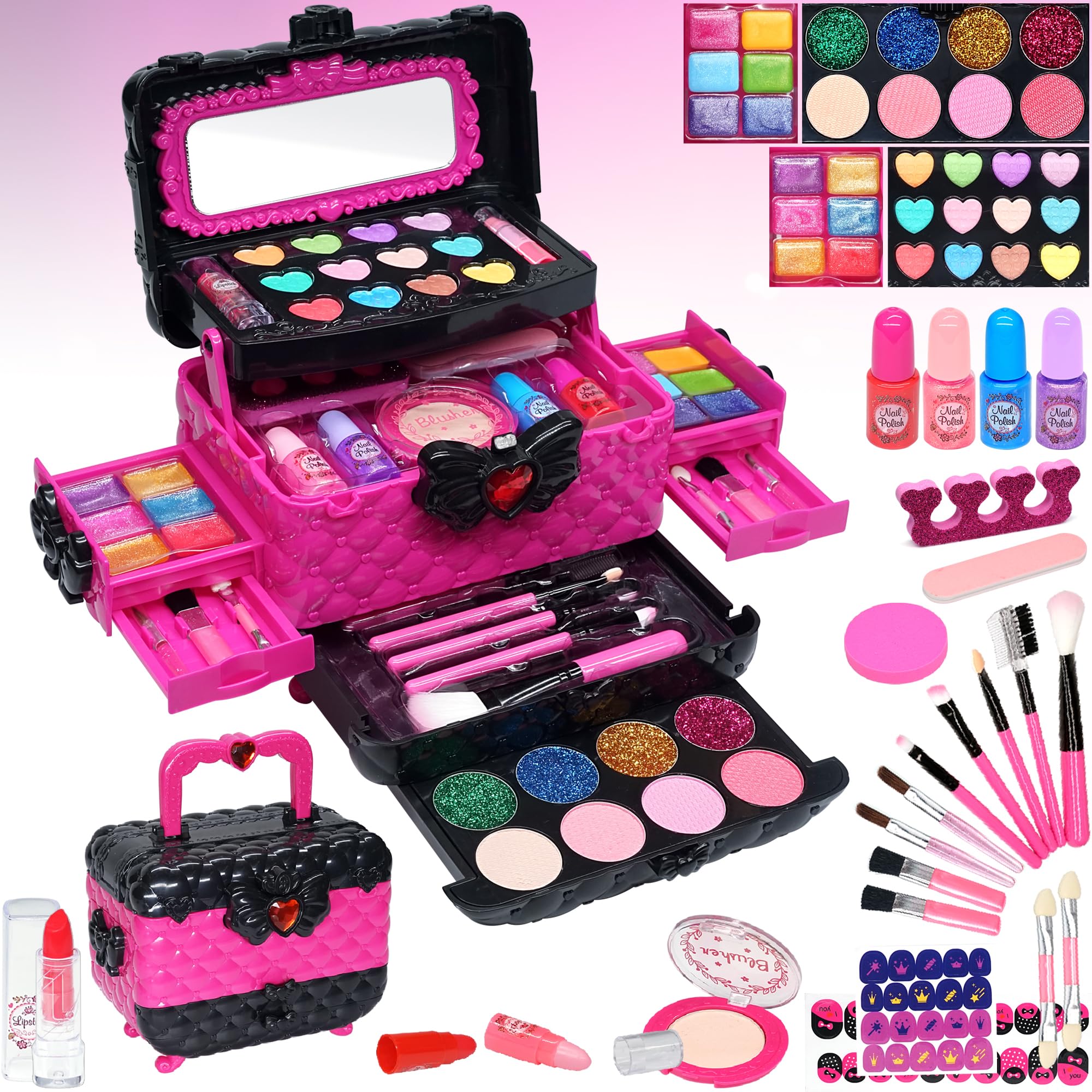 Kids Makeup Sets for Girls - Safe and Washable Real Make Up Set for Girls Children Toddler, Princess Birthday Gifts for 4 5 6 7 8 9 Year Old Kids(Rose)