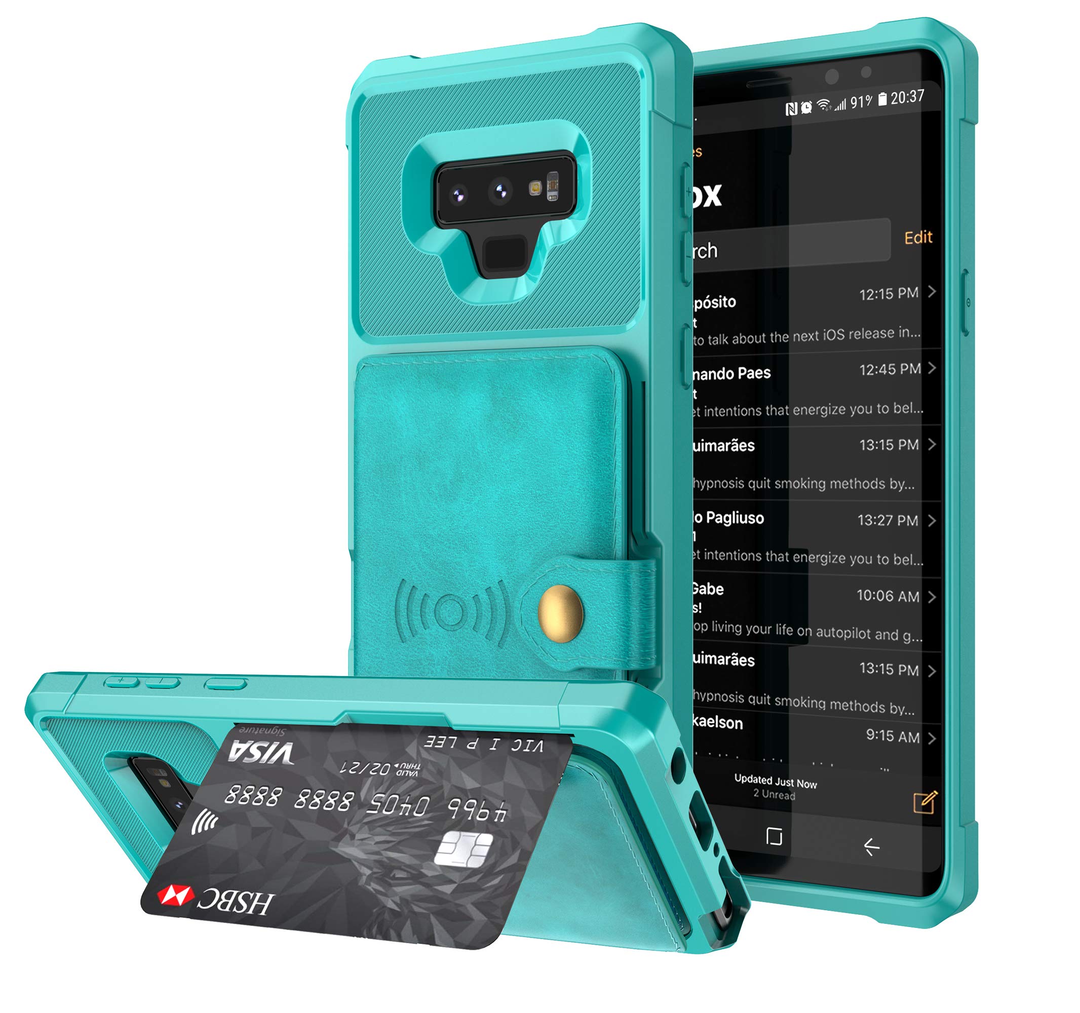 YNBY Galaxy S9 Case, Sumsung S9 Wallet Flip Leather Kickstand Fit Magnetic Wireless Car Charger Mount Slim Durable Shockproof Protective Case Cover with Card Holder (Turquoise)