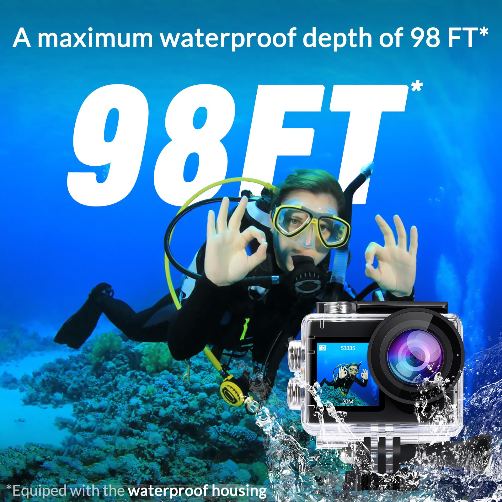 icefox i8 Action Camera with 4K 60FPS 20MP, 5X Zoom, Underwater Waterproof Camera with Optimized EIS, Video & Photo Editing by Snap Pro App, WiFi Remote Control for Diving, Cycling and Vlogging