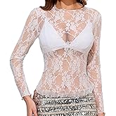 Enyprok Women's Mesh Top Long Sleeve Mock Neck Sheer Blouse See Through Floral Lace Tops
