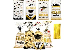 Leislam Graduation Treat Bags, Graduation Cellophane Treat Bags, 100 PCS Graduations Gift Bag, Plastic Clear Cello Candy Cookie Snack Goodies Bag with 100 Pcs Gold Ties for Graduations Party Favors Supplies, 4 Styles