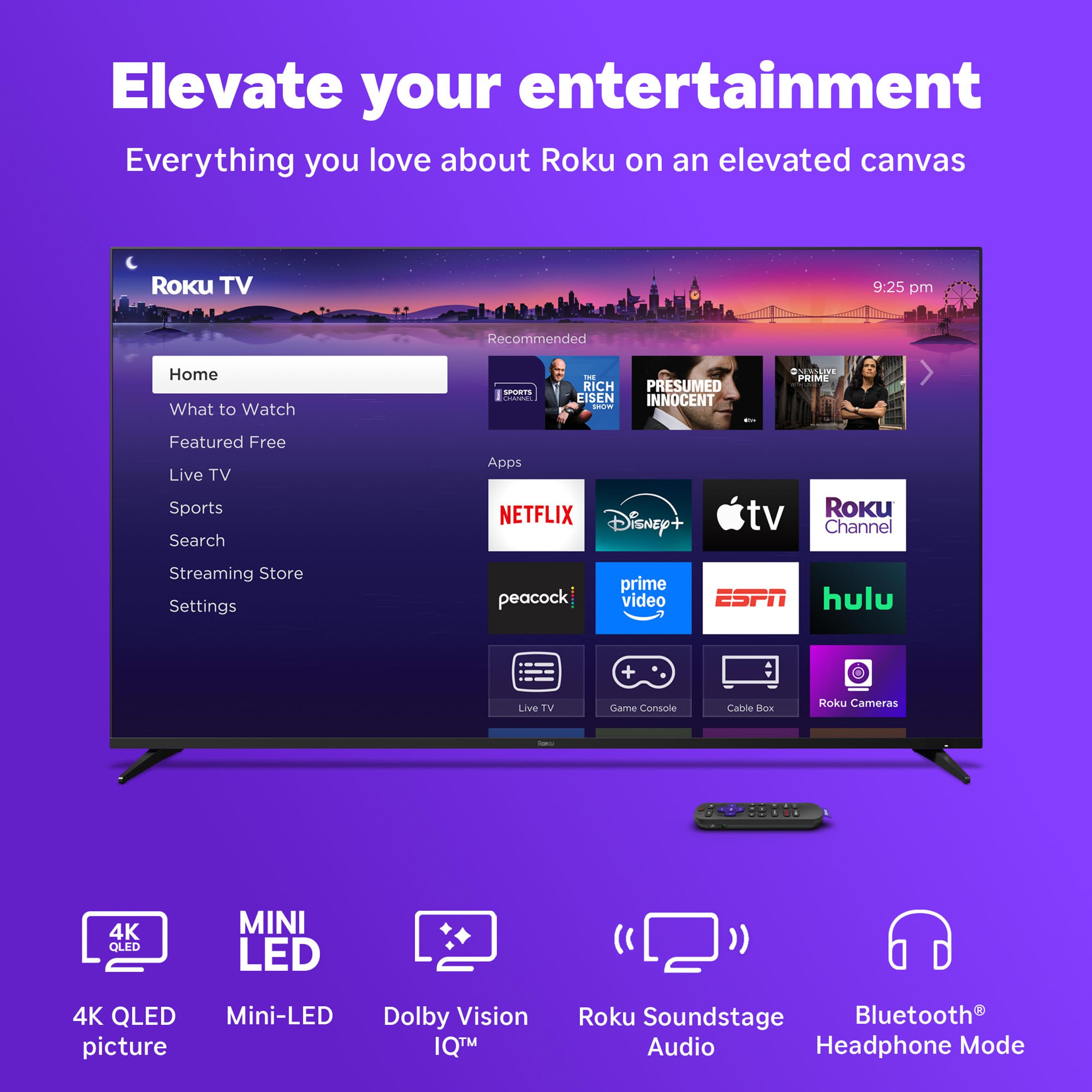 Roku Smart TV 2025 – 55-Inch Pro Series, Mini-LED TV – RokuTV with Backlit Voice Remote Pro – Flat Screen 4K QLED Television with 120Hz Refresh Rate & Dolby Vision IQ, Live News, Sports, Entertainment