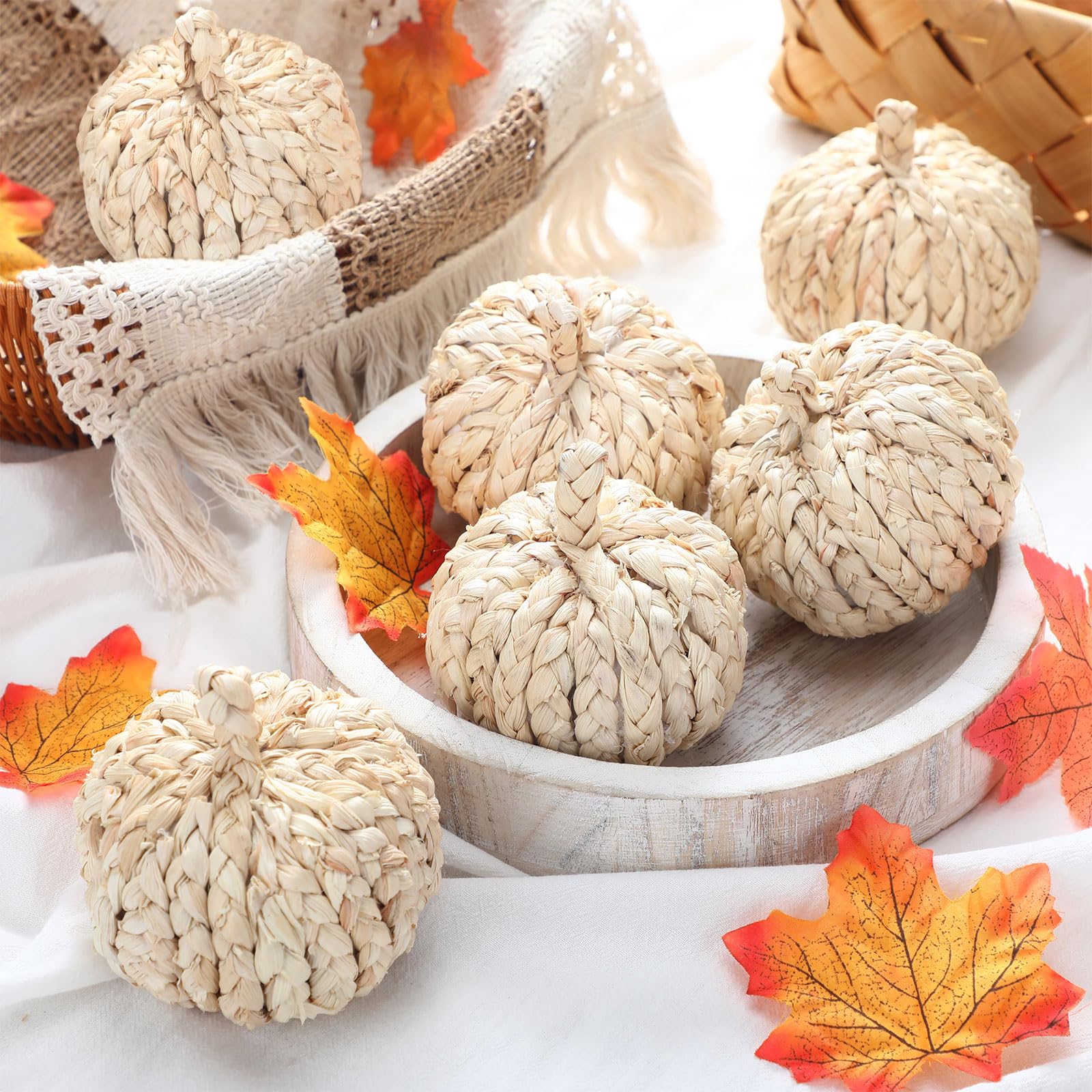 Photo 1 of Colingmill 6 Pcs Fall Rattan Pumpkin Decor Woven Corn Husk 4 Inch Braided Pumpkins Foam Woven Decor Artificial Handmade Harvest Fall Centerpieces for Thanksgiving Autumn Halloween Table Decoration