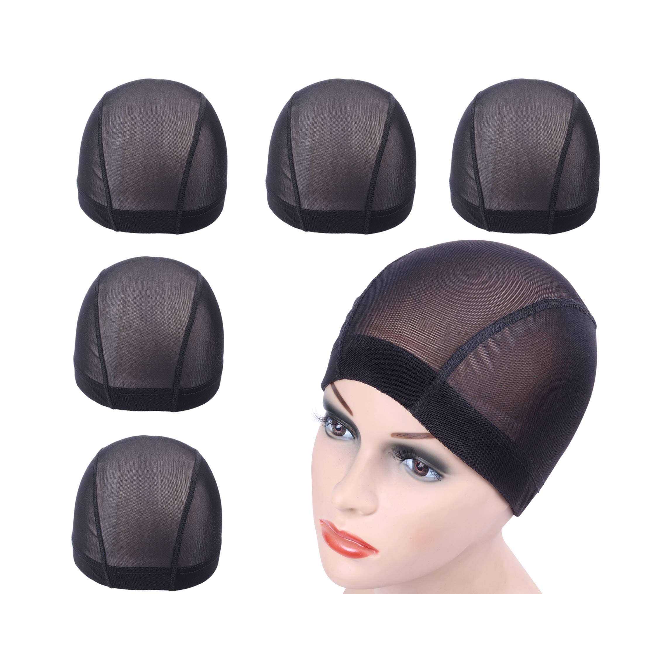 5 pcs Black Mesh Cap for Wig Making Mesh Dome Wig Cap Stretchable Hairnets with Wide Elastic Band (M)