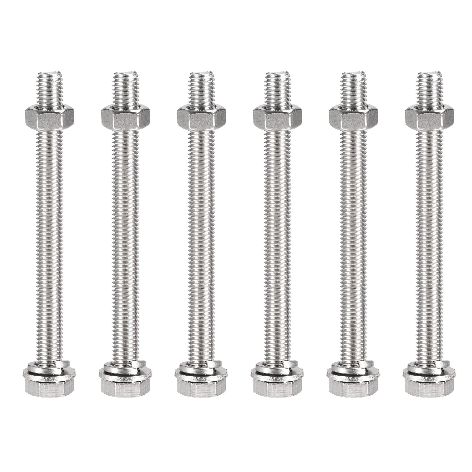 sourcing map M10 x 120mm Hex Head Screws Bolts, Nuts, Flat & Lock Washers Kits, 304 Stainless Steel Fully Thread Hexagon Bolts 6 Sets