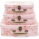 Cheardia 3 Pack Paperboard Suitcases Storage Box, Decorative Storage Boxes Gift Boxe With Lid, Stackable Cardboard Trunk for Photo Keepsake Home Decoration Wedding Anniversary Birthday Pink 3 Size