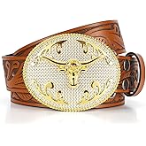 SANSTHS Cowboy Belts for Men Women, Western Leather Belt with Big Buckles Mexican Country Black Longhorn Bull Belt for Jeans