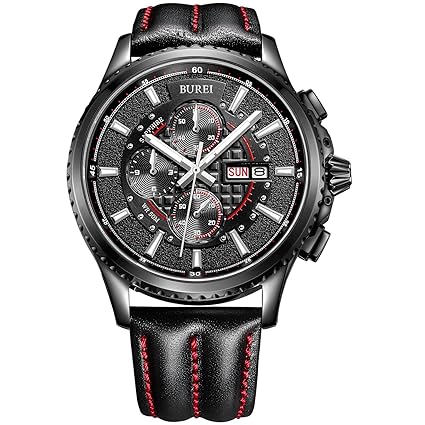 BUREI® Mens Luminous Chronograph Day and Date Watch with Black Calfskin Band, Black Bezel Silver Hand