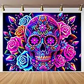 BlissYard Sugar Skull Blacklight Tapestry 78x59 Inch Floral UV Reactive Wall Hanging Colorful Rose Scene Glow in Dark Backdrop Luminous Blacklight Tapestry Aesthetic Decor