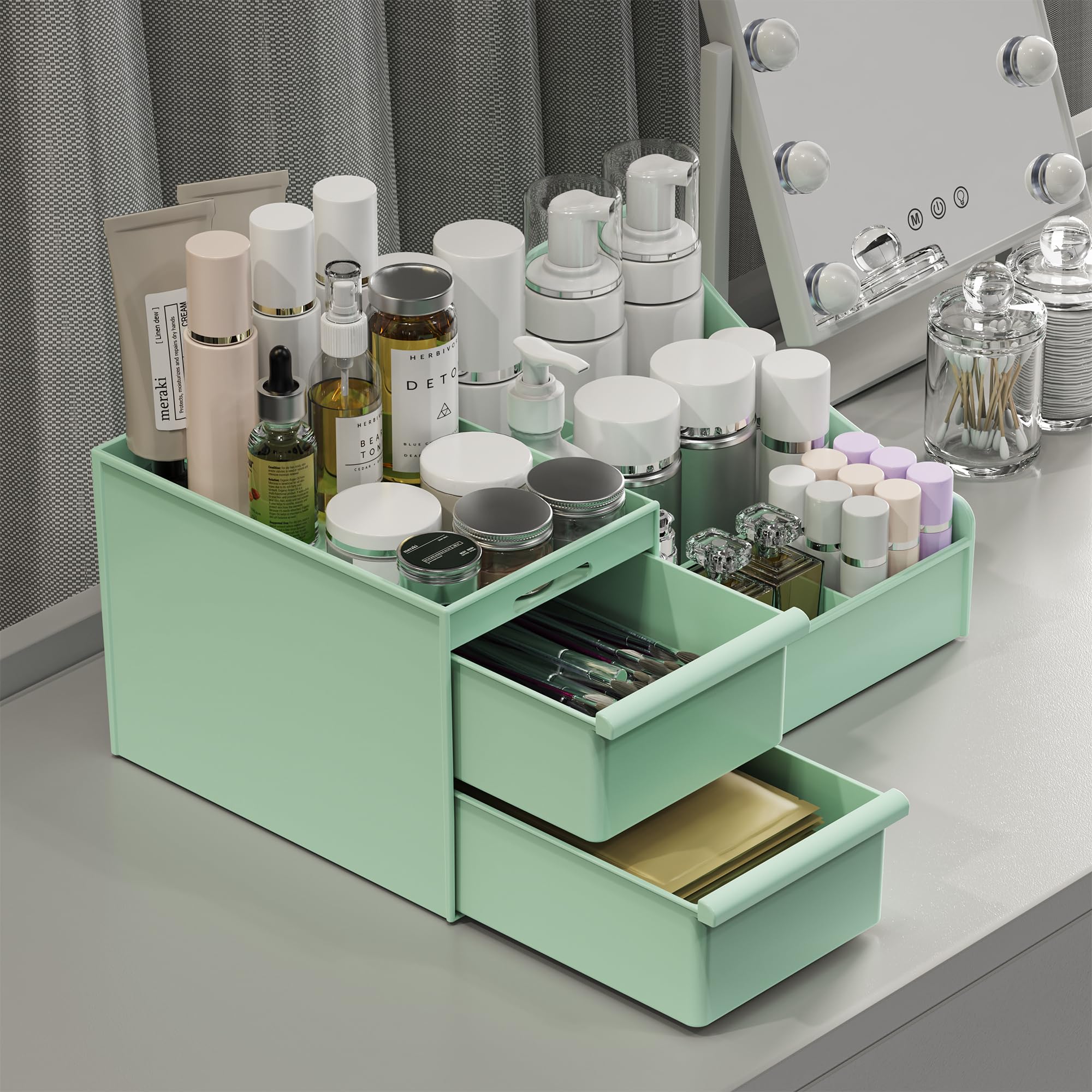 DancesCat Makeup Organizer Storage Drawers, Large Capacity Cosmetic Organisers for Lipsticks, Jewelry, Nail Care, Skincare Organiser for Vanity, Ideal Desk Organizer for Dresser and Bathroom (Green)