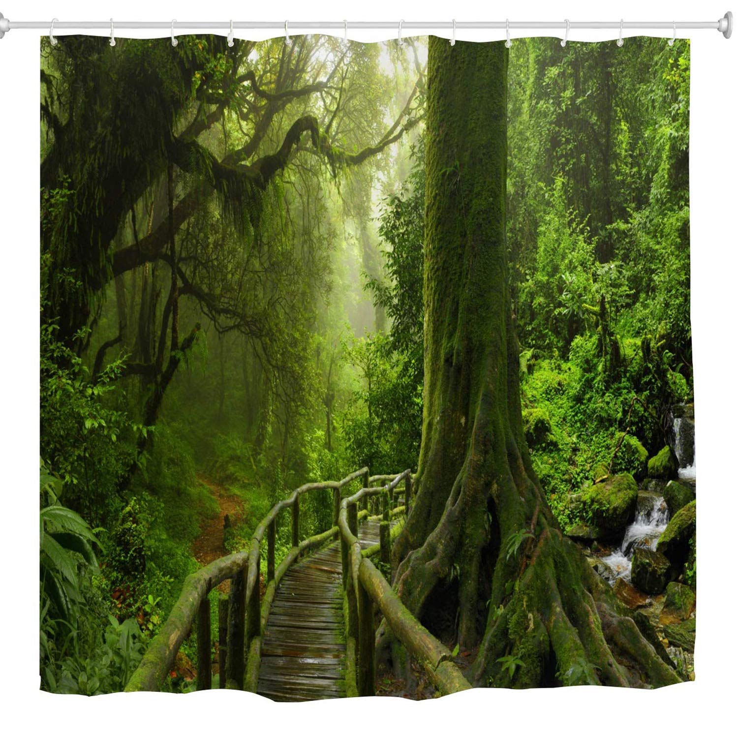 JOOCAR Garden Shower Curtain, Nature Stall Spring Plant Tree Forest Tropical Rainforest Jungle Nature Art Print Green Set, Waterproof Cloth Fabric Bathroom Decor Set with Hooks, 183x183 cm