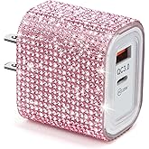 Aolcev for iPhone Charger Fast Charging Bling 2 in 1 USB A USB C Charger Block 25W Type C Fast Charging Blocks for iPhone 17 16 15 14 13 iPad Bling USB C Adapter for Galaxy S25 S24 Rhinestones Pink