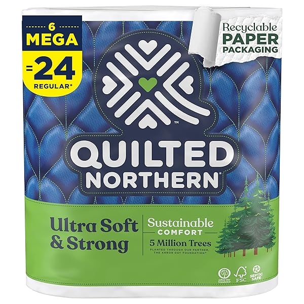 QUILTED NORTHERN ULTRA SOFT & STRONG TOILET PAPER, 6 MEGA ROLLS = 24 REGULAR ROLLS, 5X STRONGER*, PREMIUM SOFT TOILET TISSUE