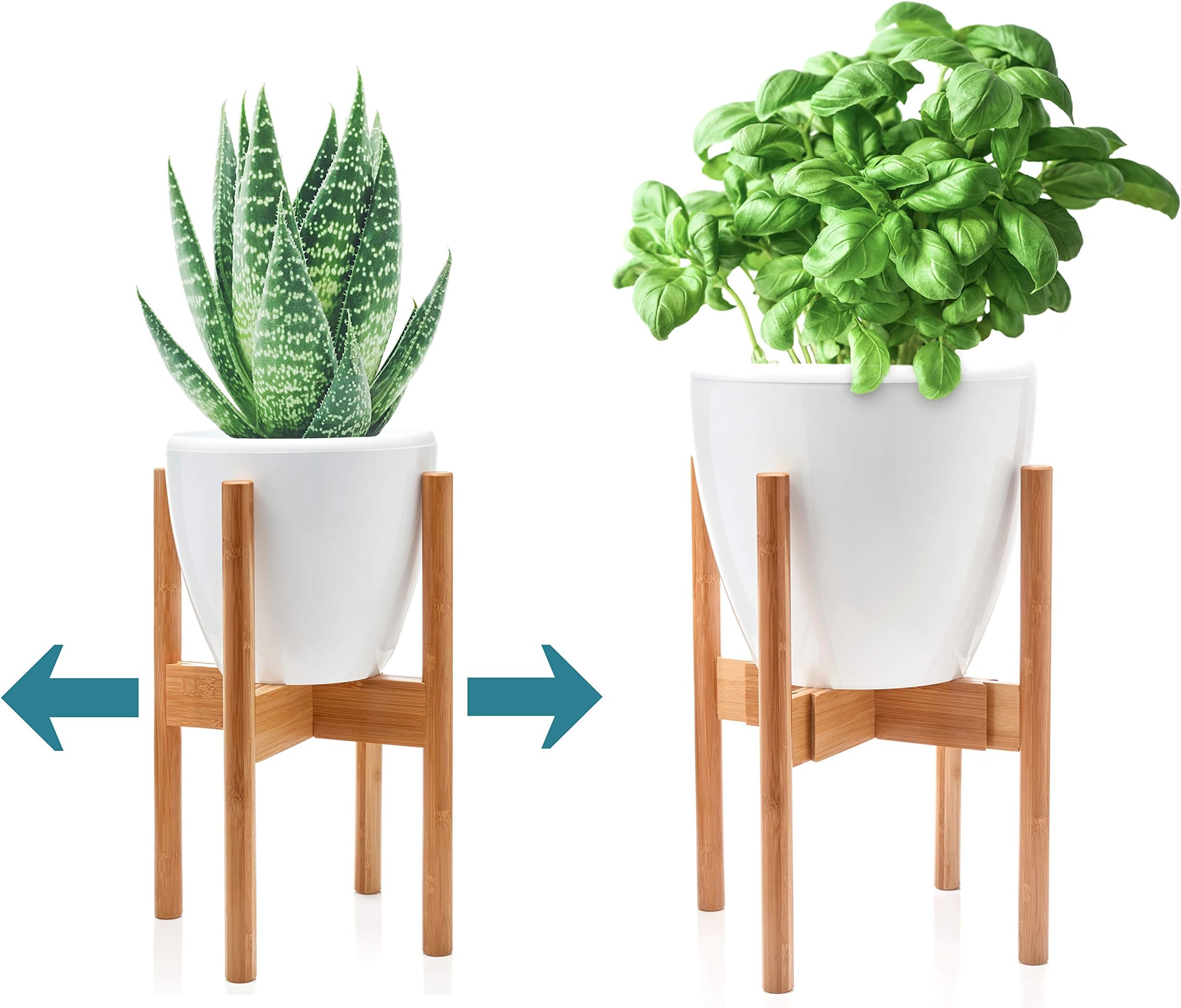 DUNVELL Plant Stand Mid Century Modern - Bamboo Wood - Adjustable Width 8" up to 12" - EXCLUDING White Planter Pot - Indoor/Outdoor Flower Stand for House, Garden & Patio - Tall Potted Plants Holder