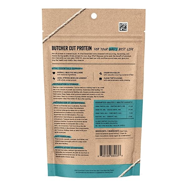 VITAL ESSENTIALS BEEF TRIPE BITES DOG TREATS, 2.3 OZ | FREEZE-DRIED RAW | SINGLE PROTEIN | PREMIUM QUALITY HIGH PROTEIN TRAINING TREATS | GRAIN FREE, GLUTEN FREE, FILLER FREE