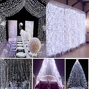 LED Curtain String Lights USB Port in Dimmable with Remote , IP64 Waterproof & 8 Settings Twinkle Decorative Lights String for Christmas, Garden Yard, Parties, Wedding, Wall Decorations (Cold-White)
