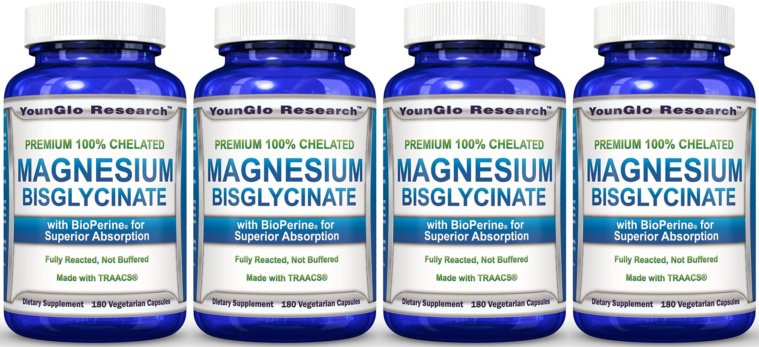 Magnesium Glycinate Plus BioPerine - 180 Vegan Non-GMO Capsules - 100% Pure Chelated TRACCS High Absorption Bisglycinate (4 Pack)