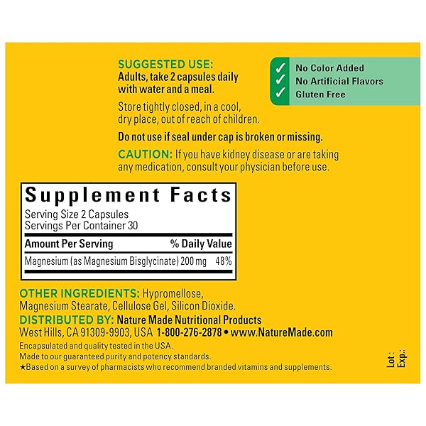 NATURE MADE MAGNESIUM GLYCINATE 200 MG PER SERVING, MAGNESIUM SUPPLEMENT FOR MUSCLE, HEART, NERVE AND BONE SUPPORT, 60 MAGNESIUM BISGLYCINATE CAPSULES, 30 DAY SUPPLY