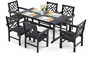 AXMOLM 7 Piece HDPE Outdoor Dining Set for 6, Patio DHPE Furniture Set with Umberlla Hole, Weather Resistent Outdoor Table and Chairs for Garden, Poolside, Backyard, Deck, Black