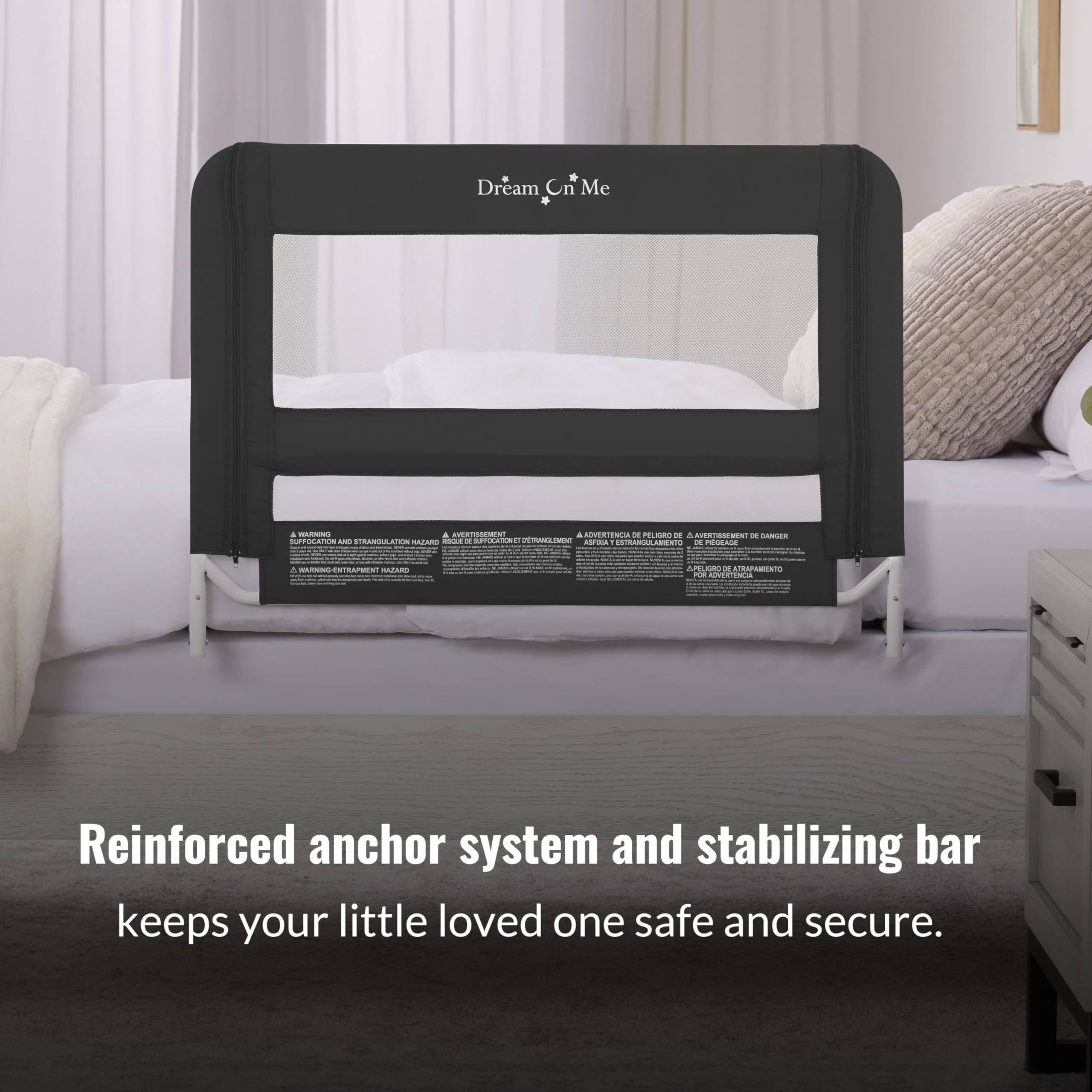 Dream On Me Mesh Security Bed Rail – Toddler Safety Guard with Breathable mesh, Reinforced Anchor System, Lightweight, Portable, fits Adult Twin-Size beds, Black