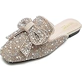 SANIOOOI Women's Pearl Rhinestone Bow Mules,Glitter Square Toe Slip on Flat Ladies Sparkly Baotou Clogs Slippers
