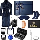 Nuogo 15 Pcs Birthday Gifts for Men Beard Care Set for Him Valentine's Day Gifts Basket Ideas Kit for Men Tumbler Bath Robe for Dad Husband Boyfriend Box(Navy)