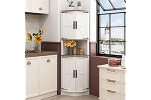 Vabches 64.8" Tall Farmhouse Corner Cabinet with 4 Doors and 5 Storage Shelves, Farmhouse Storage Cabinet with Barn Door Design, Home Space Saver for Living Room, Kitchen, Laundry Room,White