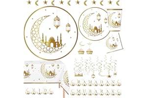 Serves 24 Ramadan Eid Mubarak Gold Foil Decorations 9" Dinner Plates 7" Dessert Plates 24 Cups - 12 Ounce Swirls Ramadan and 