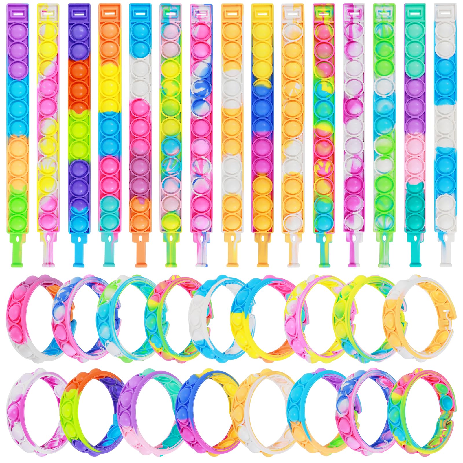 Coicok 30 PCS Pop Bracelet Fidget Toys, 15 Colours, Party Bag Fillers for kids, Decompression Wristband for Autistic & ADHD, Lucky Dip Prizes