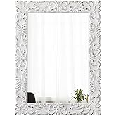 Sintosin Vintage Floral Rectangle Mirrors for Wall 31 X 23 Inch, Hanging Distressed White Carved Wood Frame Flowers Bathroom 