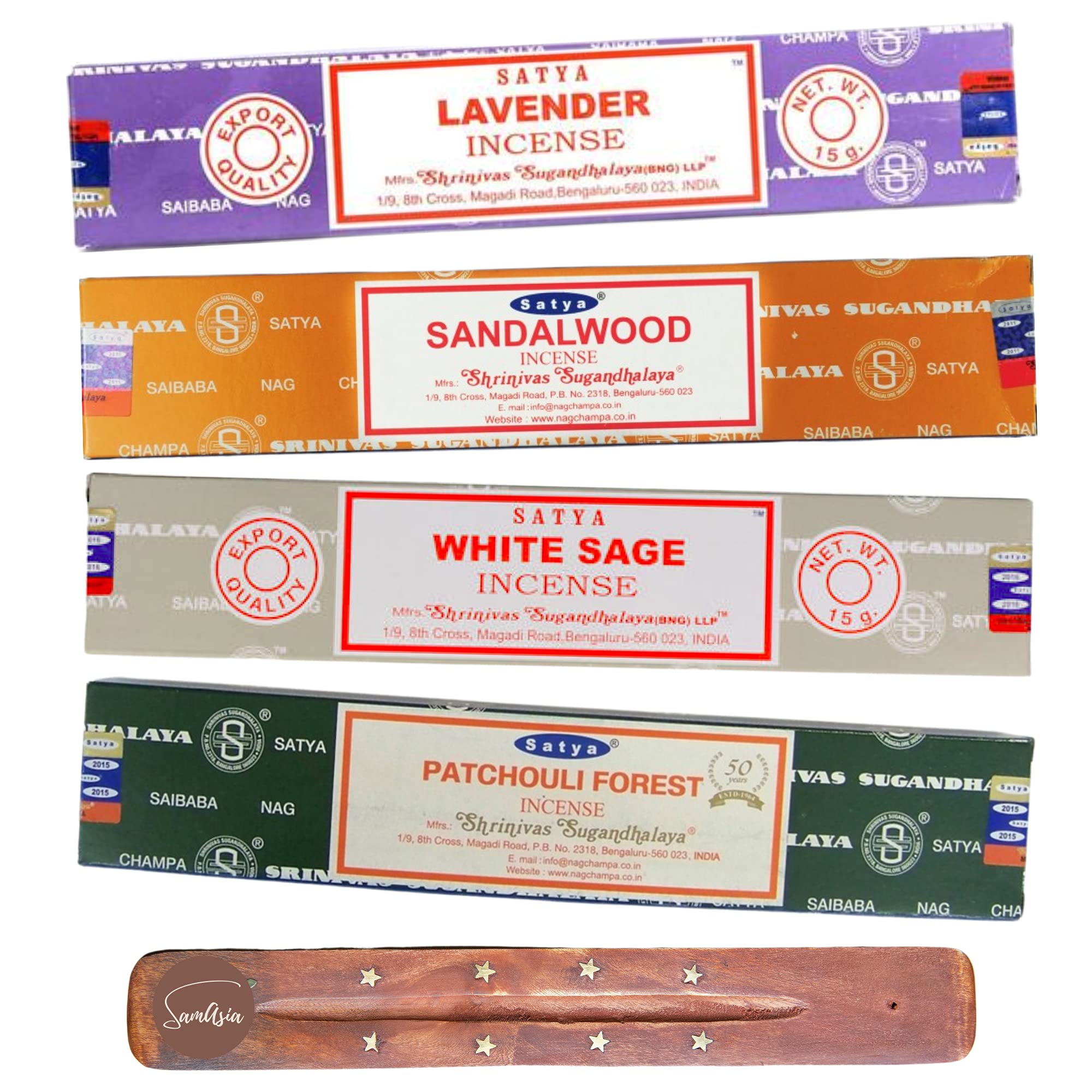 Satya Nag Champa Incense Sticks - 4 unique and premium flavours - Lavender, Sandalwood, White Sage, Patchouli Forest and comes with SAMASIA incense holder — image 1