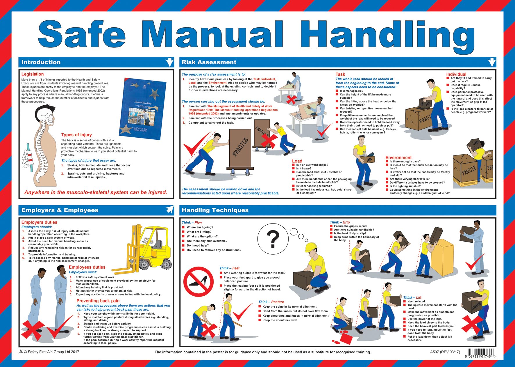Safety First Aid Group Safe Manual Handling Poster - Laminated (A2)